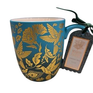 💙▪️Dwell Studio ▪️Teal Ceramic  17.5 Oz Mug with Gold Hummingbird Design